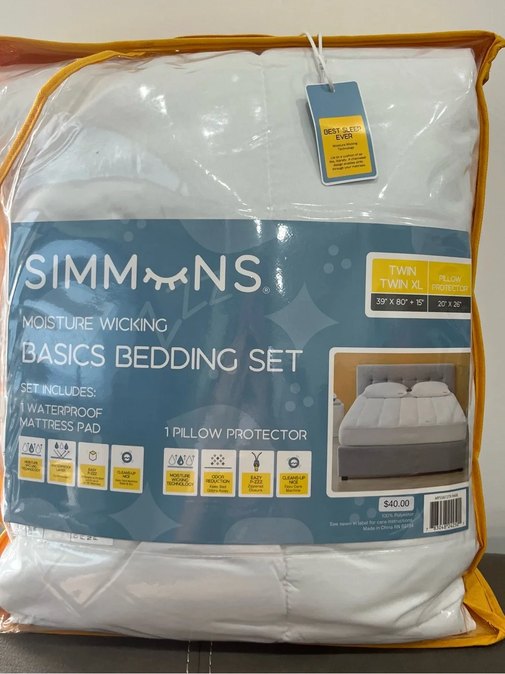 Simmons Twin/Twin XL Waterproof Bedding Set – Mattress Pad + Pillow Protector.